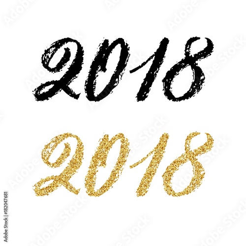 2018 new year hand lettering with golden glittering sequins texture text, festive writing typography design. Vector illustration.