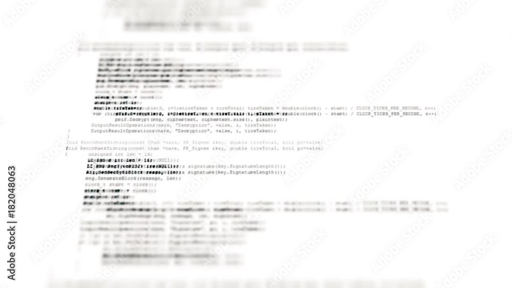 A flow of scrambled source code text (instructions for a computer program) on a PC screen, fast scrolling. Black characters, white background, tilt-shift fx.
A flow of scrambled source code text (instructions for a computer program) on a PC screen, fast scrolling. Black characters, white background, tilt-shift fx.