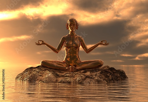 Photography statue golden girl doing yoga at sea 3d illustration
