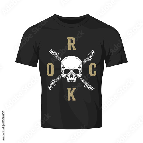 Vintage hard rock vector logo isolated on dark t-shirt mock up. Premium quality skull logotype tee-shirt emblem illustration.
Street wear legendary music style old retro tee print design.