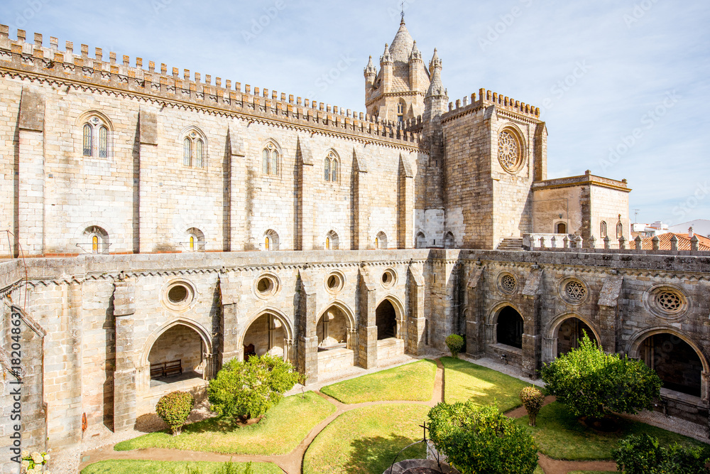 View on the courtyard of the old cathedral in Evora city in Portugal