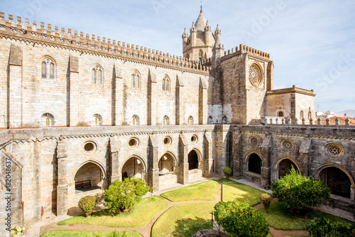 View on the courtyard of the old cathedral in Evora city in Portugal photo