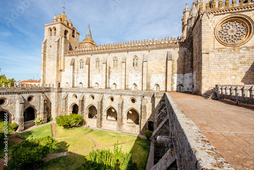 View on the courtyard of the old cathedral in Evora city in Portugal