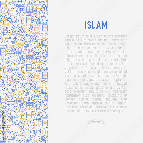 Islamic concept with thin line icons: mosque, carpet, rosary, prayer, koran, moslem. Modern vector illustration, template for web page.