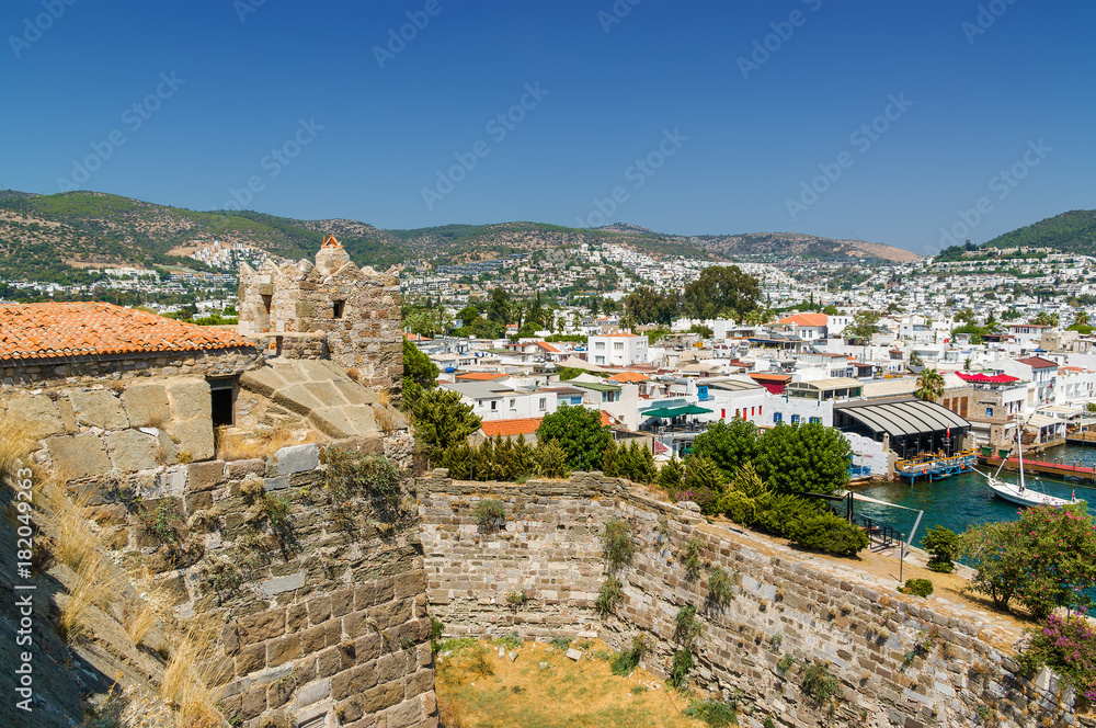 Sunny view of harbour from Castle of St. Peter, Bodrum, Mugla province, Turkey.