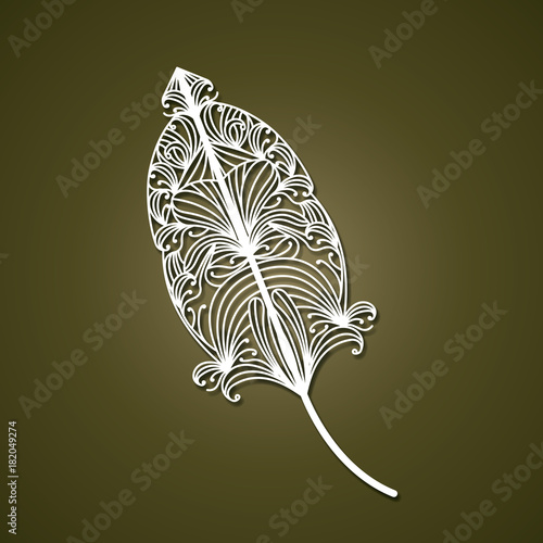 laser cutting abstract feather with decorative forms in olive color background