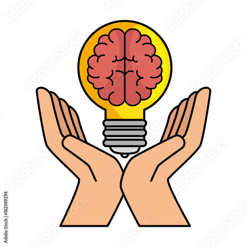 bulb light with brain and hands vector illustration design