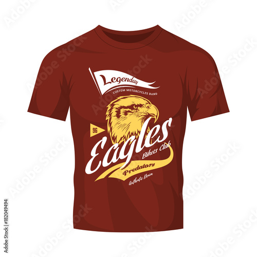 Vintage American furious eagle custom bikes motor club vector logo on red t-shirt mock up.
Premium quality bikers band logotype tee-shirt emblem illustration. Street wear retro tee print design.
