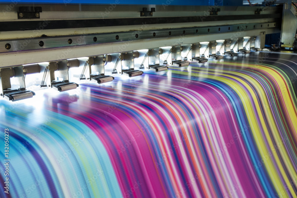 Large inkjet printer working multicolor on vinyl banner - obrazy, fototapety, plakaty 