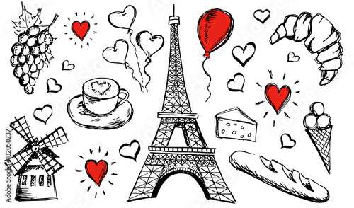 Set of hand drawn French icons, Paris sketch illustration