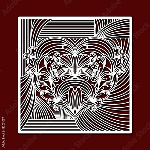 laser cutting square frame with decorative heart in dark red color background