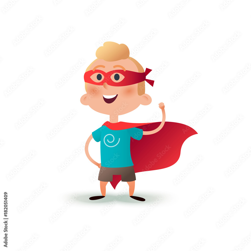 Cartoon superhero boy standing with cape waving in the wind. Happy little hero kid. Children character in red supermen cloak and carnival mask.