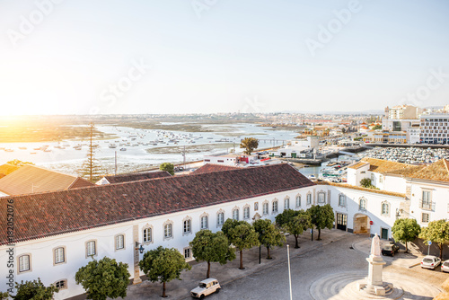 Top cityscape view on the old town with beautiful rooftops in Faro on the south of Portugal