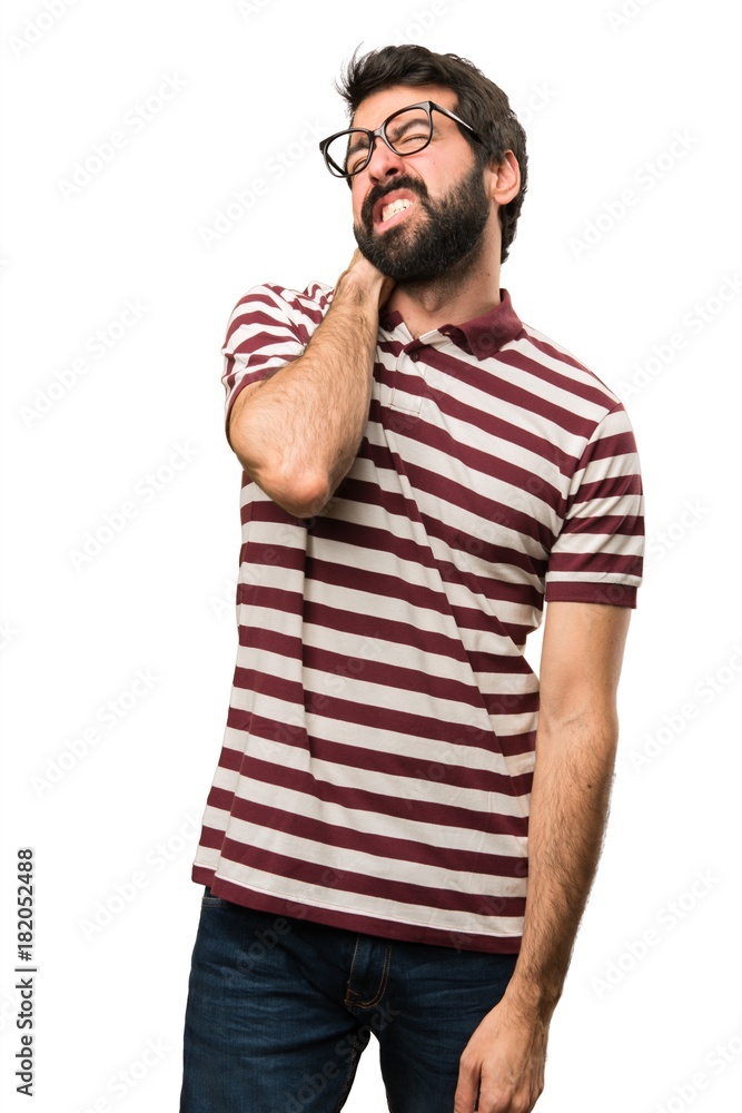 Man with glasses with neck pain Man with glasses with neck pain