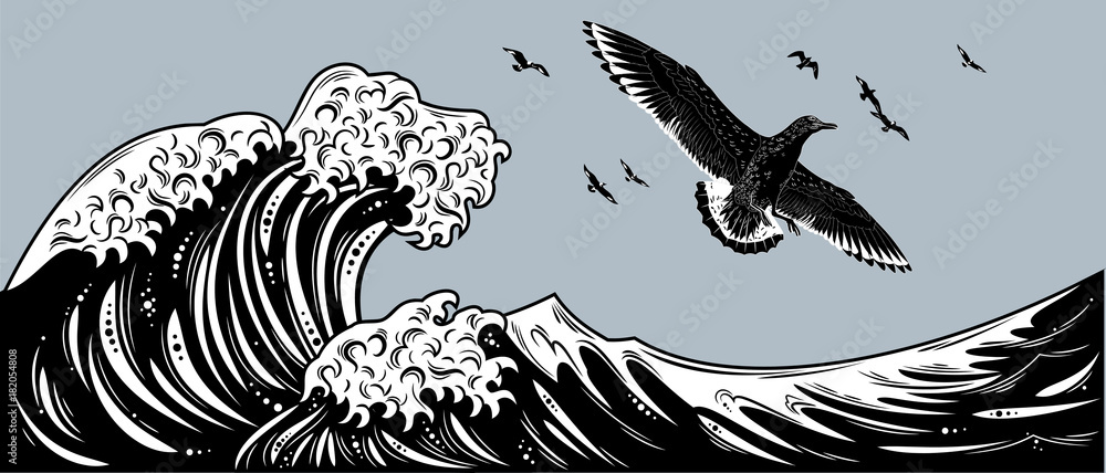 Fototapeta premium The shearing petrel floating in the sky above the waves