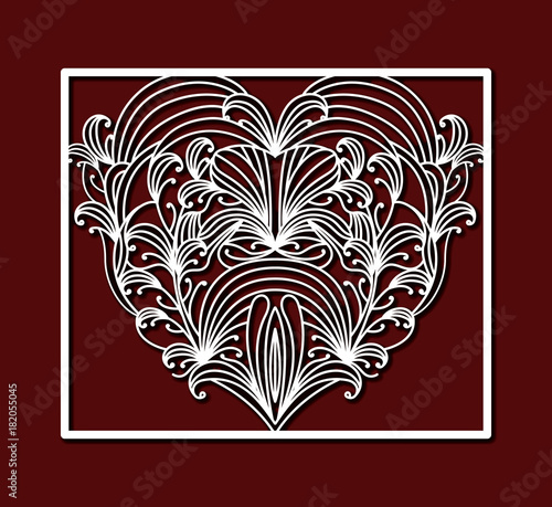 laser cutting square frame with ornamental heart on dark red color background