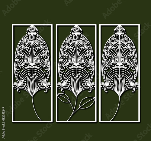 laser cutting rectangular frames with decorative feather forms in olive color background