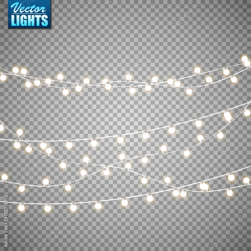 Christmas lights isolated on transparent background. Set of golden xmas glowing garland. Vector illustration
