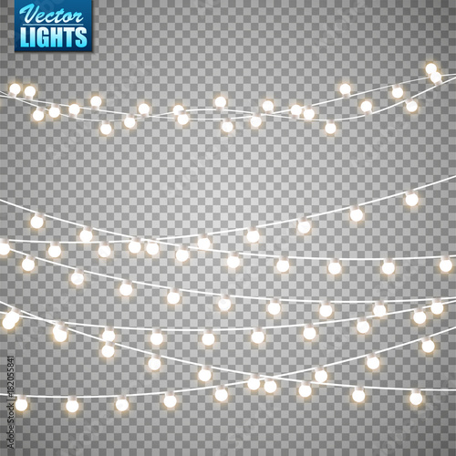 Christmas lights isolated on transparent background. Set of golden xmas glowing garland. Vector illustration
