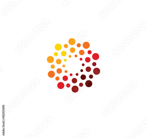 Innovation abstract unusual isolated vector round logo template from circles on white background. Red color shape, connection technology concept.Shine sun, chemical structure sign. Globe medical mind.