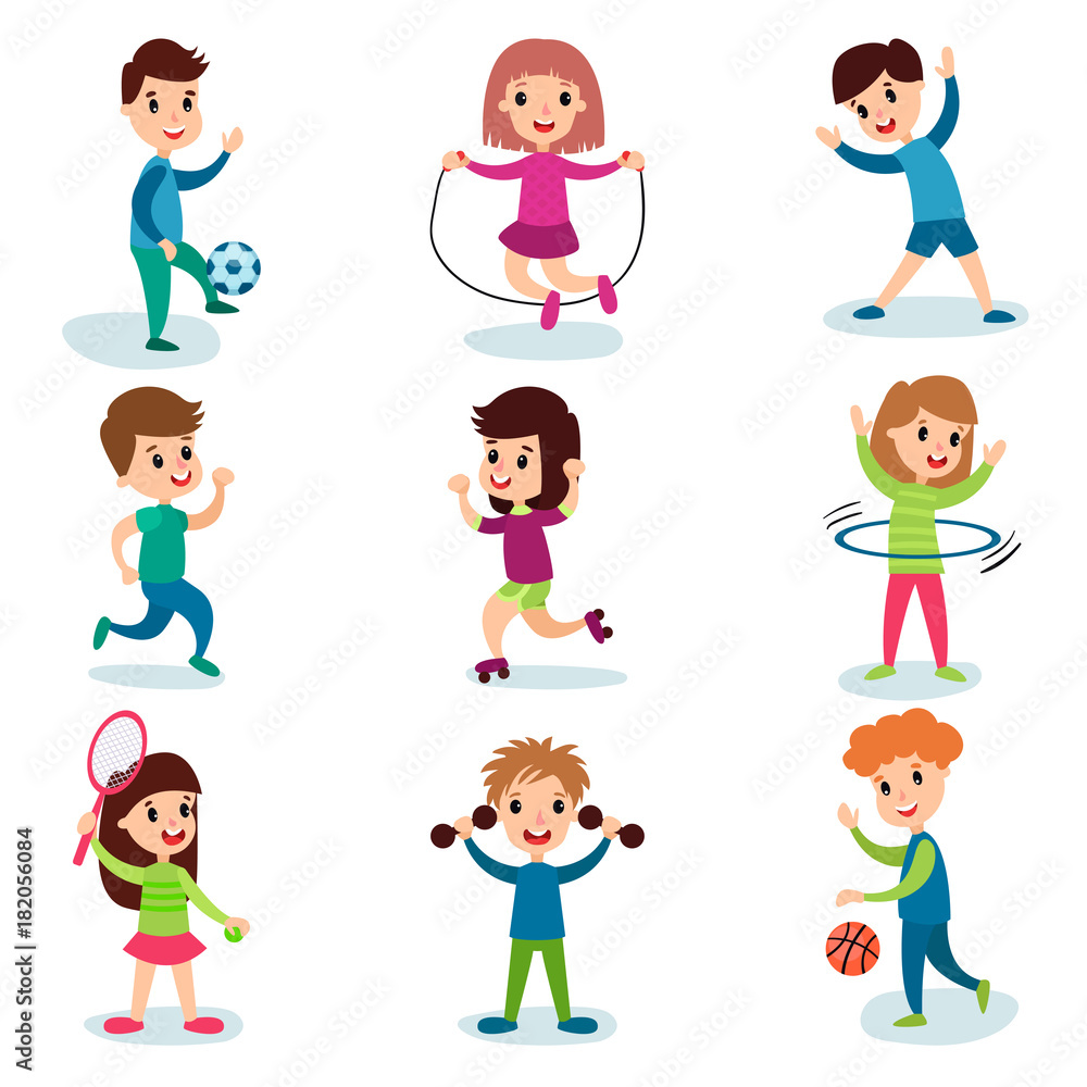 Smiling little kids characters doing different sports and playing sportive games, kids physical activity cartoon vector Illustrations Smiling little kids characters doing different sports and playing sportive games, kids physical activity cartoon vector Illustrations