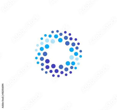 Abstract blue color round logo from circles. Water vector logotype template. Innovative cleaning and freezing method. Sparkling drink icon.