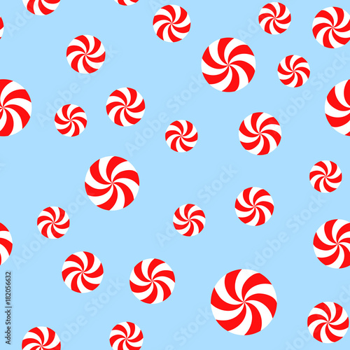 Christmas Peppermint Candy Seamless Vector Pattern. Red and White Swirls on Light Blue Background. Random size. Pattern Swatch Made with Global Colors.