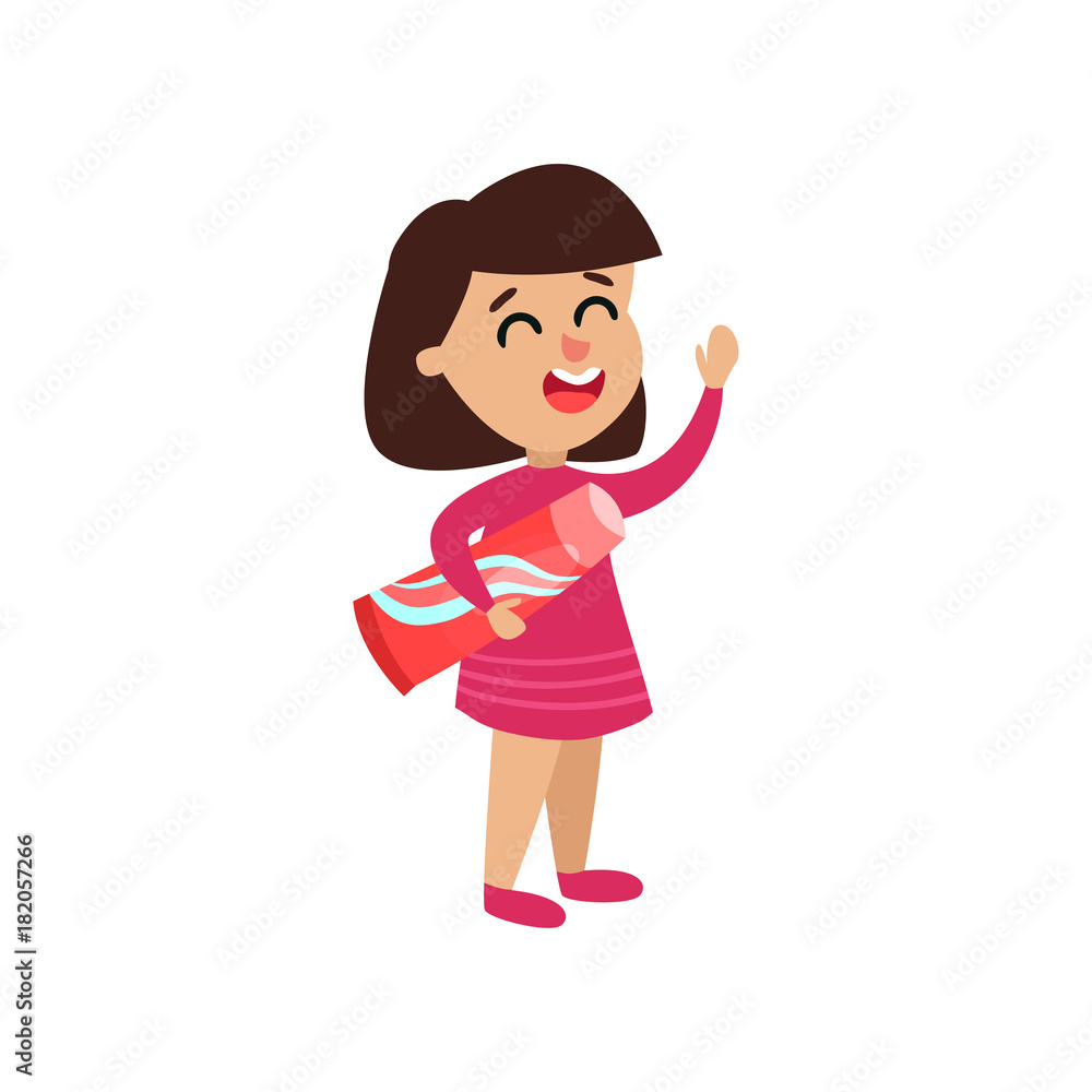 Cute little girl character holding toothpaste, cartoon vector Illustration