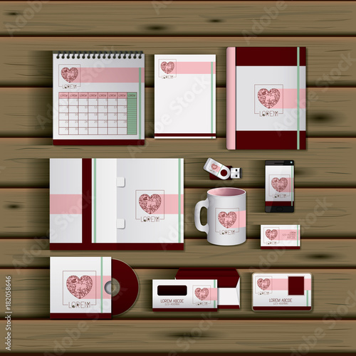 stationary templates of documentation romantic date design of business stationery over wooden background