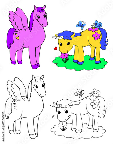 Coloring cartoon cute unicorn and pegasus vector