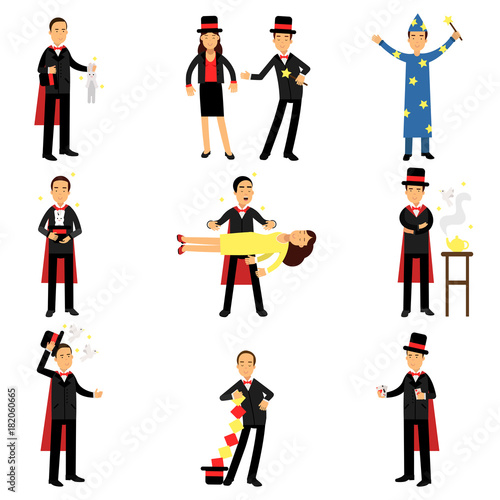 Magician performing a magic show set of vector Illustrations
