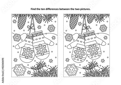 Winter, New Year or Christmas themed find the ten differences picture puzzle and coloring page with Santa's mittens. 
