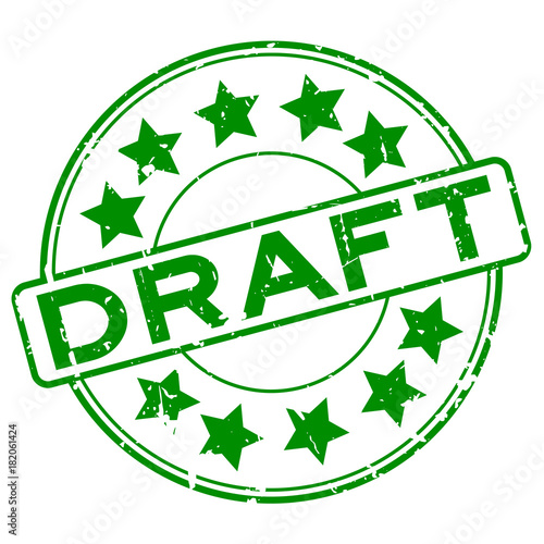Grunge green draft with star icon round rubber seal stamp on white background