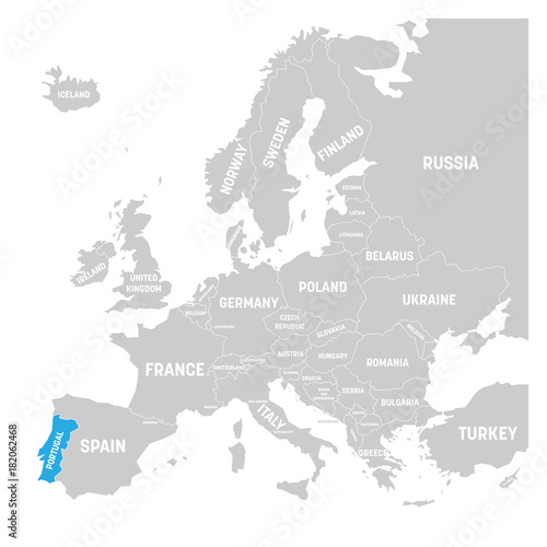 Portugal marked by blue in grey political map of Europe. Vector illustration.