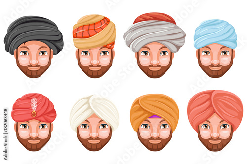 Fashion turban headdress arab indian culture sikh sultan bedouin cute beautiful man head hat isolated icons set cartoon design video chat effects photo portrait vector illustration