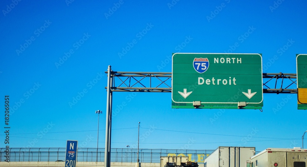 Detroit Michigan Interstate. Northbound I 75 with traffic during rush hour in Detroit Michigan.