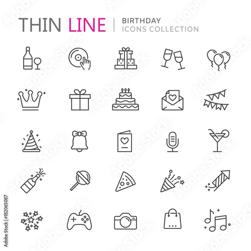Collection of birthday thin line icons