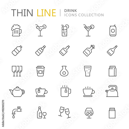 Collection of drinks thin line icons