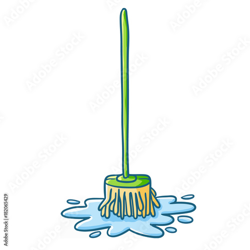 Funny green mob cleaning the floor - vector.