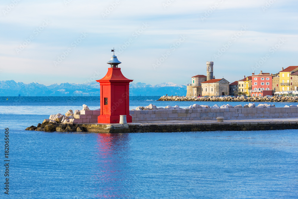 Old red lighthouse in Piran, Slovenia