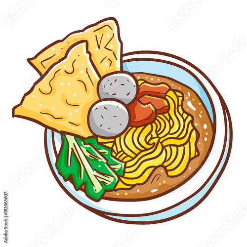 Funny and yummy asian noodles with meatballs  and crackers on it - vector.