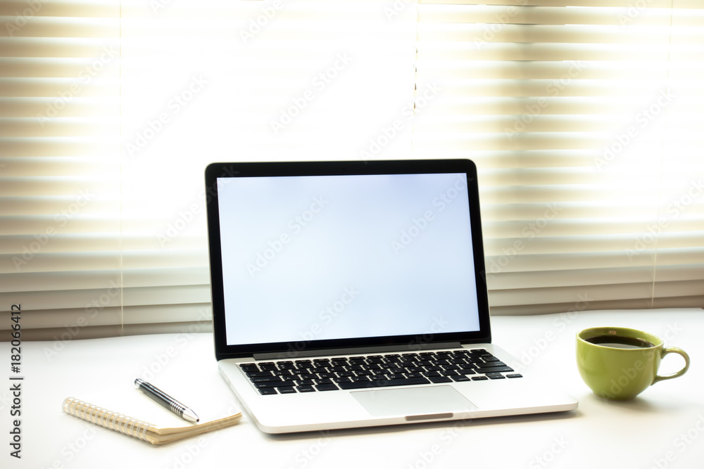 Fototapeta premium Business Technologies. Workplace with open laptop on modern wooden desk.