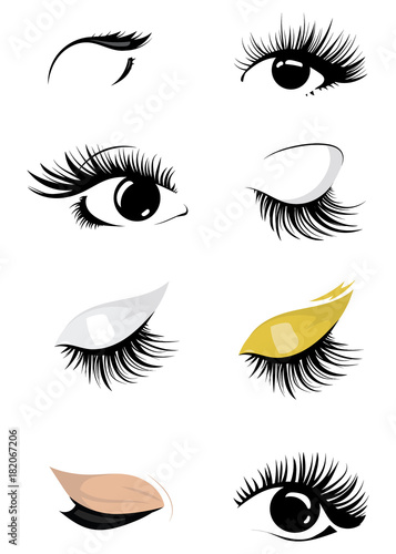 Set of logos of eyelashes. Collection of stylized women eyes with makeup. Logo for eyelash extension.