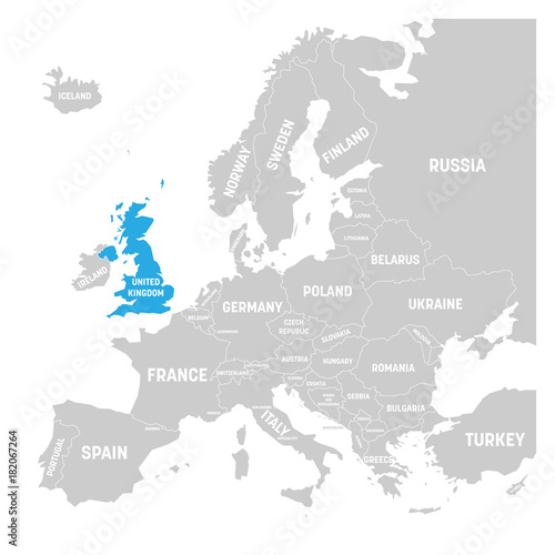 UK, United Kingdom of Great Britain and Northern Ireland, marked by blue in grey political map of Europe. Vector illustration.
