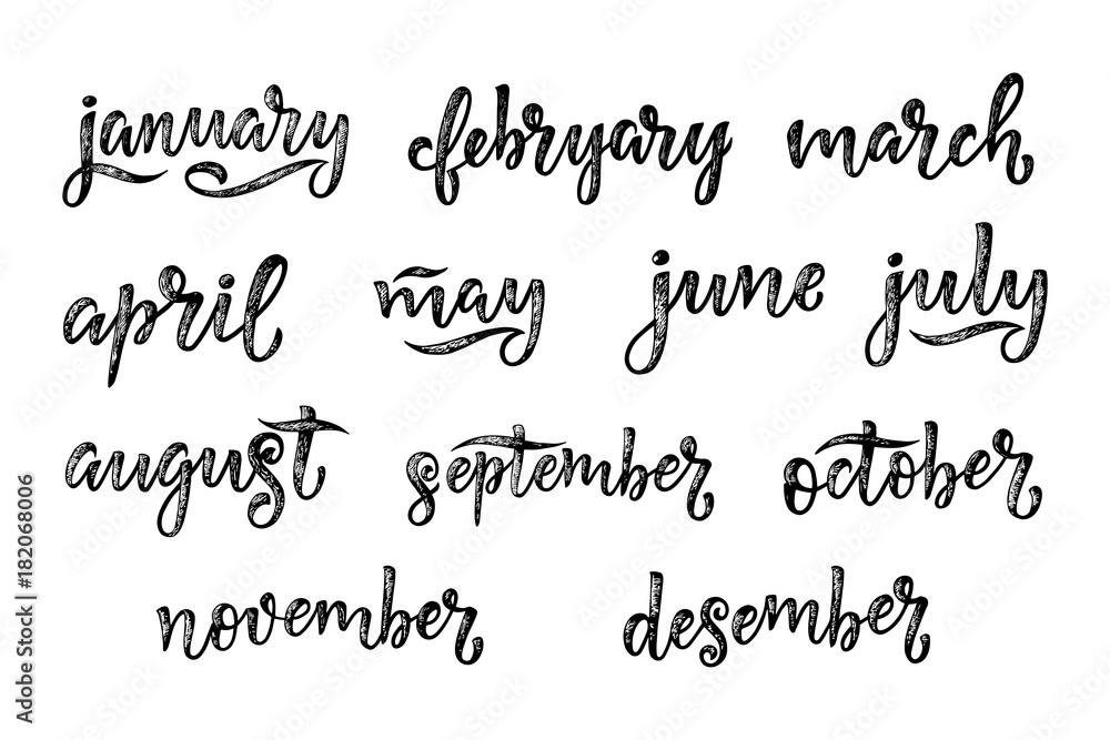 Handwritten names of months December, January, February, March, April, May, June, July, August, September, October, November. Calligraphy words for calendars and organizers.