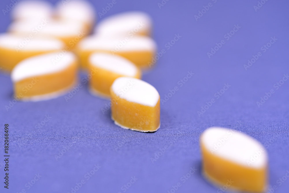 Yellow Provence calissons sweets. Close-up front view. Yellow Provence calissons sweets. Close-up front view.