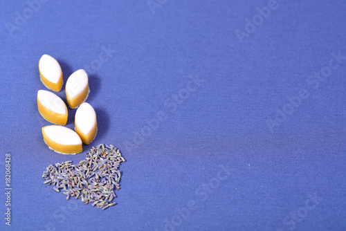 French Provence calisson sweets looking like an ear of wheat and lavender heart.