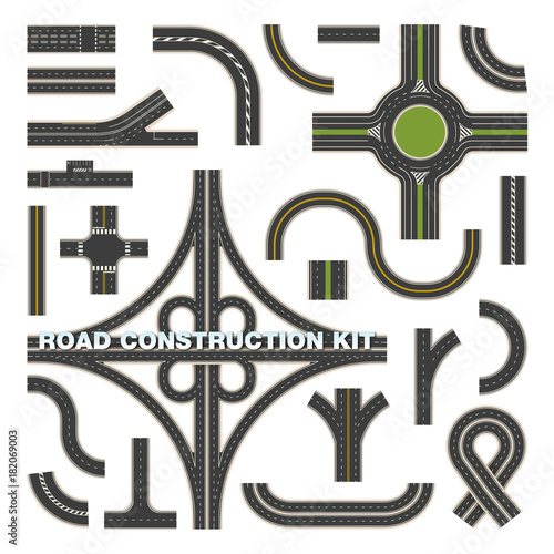 Top view on road parts for construction kit