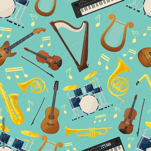 Seamless pattern with music guitar and drum kit