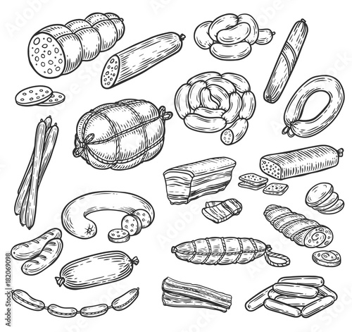 Fototapeta Sketches of sausage and wurst, meat products